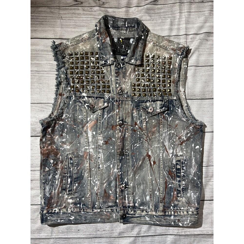 Y2k Ecko Unlimited Trucker Denim Vest Moto 90s Paint Splatter Grunge - Picture 11 of 11